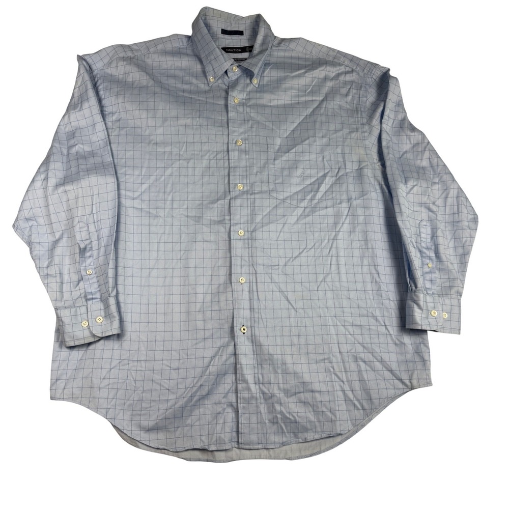 Nautica XXL Light Blue Windowpane Check Button Down Shirt 80s Two-Ply Cotton